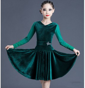 Dark green velvet long sleeves competition latin dance dress for girls kids ballroom salsa dance dress latin dance costumes