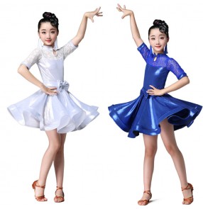 Discount Children white latin dance dresses white blue lace latin dance skirts costumes stage performance modern dance dresses