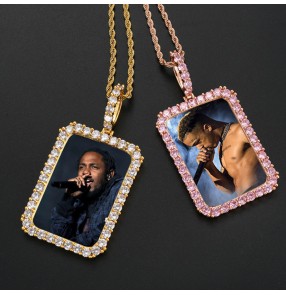 DIY customized photos hiphop necklace birthday Photo frame Pendant Commemorative Gift Gold Plated Zircon Square lover family memory wedding anniversary celebration Hip Hop Necklace