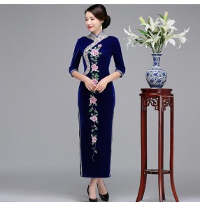 Embroidered flowers Chinese dresses traditional chinese qipao dresses for women stage performance host singers show model miss etiquette dresses 