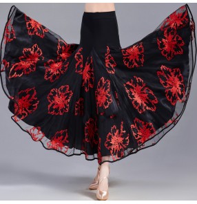 Embroidered Red green purple flowers modern ballroom dance skirts for women female waltz flamenco dance skirts national standard dance skirts for lady