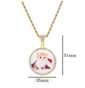 European American hip-hop street Dance custom photo necklace circular memory photo pendant with zircon jewelry Family memorial Fashion photo frame photo necklace