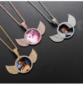 European American private custom photo hiphop gift necklace for women full of zircon round wings singers rap stage performance hiphop pendant necklace jewelry