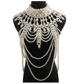 European American singers stage preformance pearl shawl party dress cape necklace Vintage handmade beaded dress accessories bridal shoulder necklace body chain