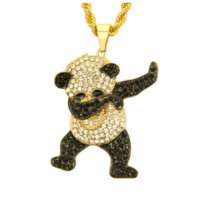 European and American hip-hop Rapper singer stage performance diamond-studded panda pendant necklace for unisex Nightclub exaggerated cool long pendant jewelry accessories