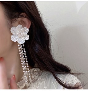 Fairy flower Pearl tassel earrings for women girls female Korean long crystal pearl earrings temperament ins earrings 