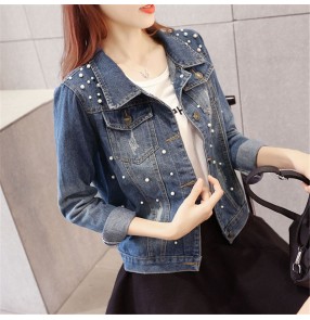 Fashion beaded blue denim short coat European and American slim beaded denim jacket trendy women's jacket