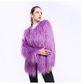 Fashion faux fur coat for women fluffy fur coat stage performance singers host performing coat for female