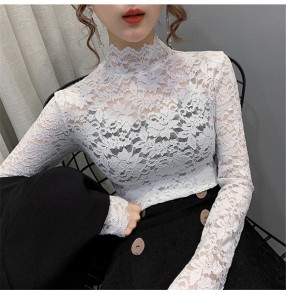 fashion hollow Lace bottoming shirt women's all-match half high collar small shirt women's top with long-sleeved bottoming shirt