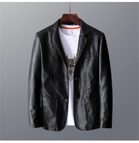 fashion men's Leather blazer men's autumn and winter jackets thin lapel leather suit Korean style slim casual small suit fashion jacket