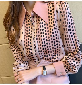 Fashion pink polka dot chiffon shirt for women office lady work blouses Korean style temperament shirt satin patchwork shirt women