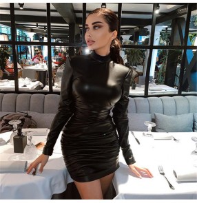 Fashion pu leather night club mini dress pole jazz dance bodycon dresses sexy slim-fit pleated evening party long sleeve dress