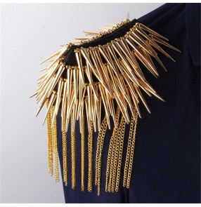 Fashion punk style suit blazer jackets rivet epaulette brooch men women kids stage performance model show exaggerated rivet long tassel epaulette