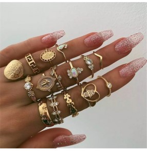 Fashion rings set for women Love Opal Buddha Statue Coin Geometric Diamond 15 Piece Set Joint Ring Female