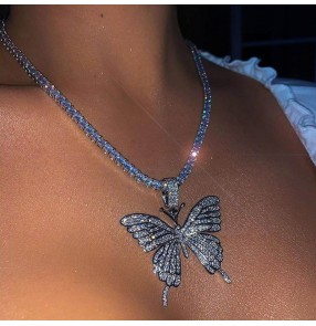fashion Silver Rhinestone Necklace Hollow Butterfly Pendant Clavicle Chain for women