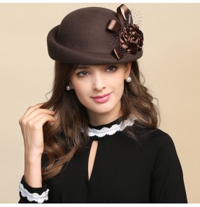 Fashion wool baret Hats for women girls fisherman hat handmade coffee silver wine black wool hats party fedoras hat top hat woolen retro hat for women