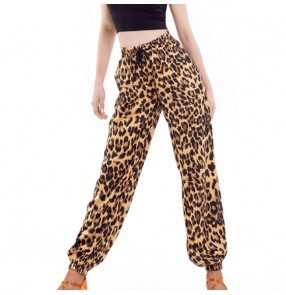 Female adult black leopard latin rumab chacha dance pants elastic waist leopard print Latin dance costumes training pants Trousers