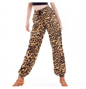 Female adult leopard latin ballroom dance pants for women elastic waist leopard print Latin dance pants black training pants
