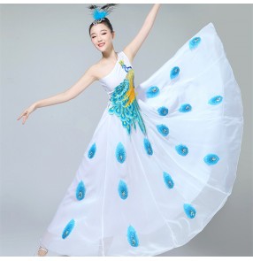 Female chinese folk dance dresses women white blue peacock dance performance costumes dai thailand performance dresses