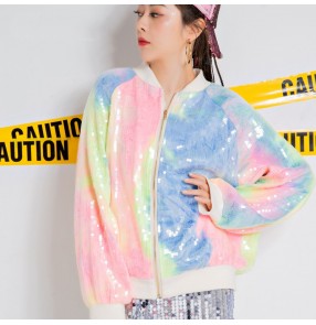  female hip hop Street dance coats singers jazz DS dance performance costume women's gogo dancers glitter rainbow sequined jacket color plus size jacket