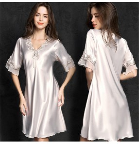 Female Sexy pajamas women plus size ladies home wear imitation silk nightdress home wear gown 