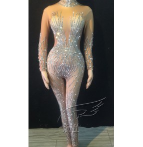 Female Singer gogo dancers jazz dance long skin color bling jumpsuits Dj  Ds carnival prom party dance rompers for women sexy rhinestones Long stretch conjoined stage performance costumes