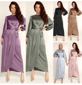 Feminine tunic long sleeves dresses middle east Arabia dress European and American Dubai satin long dress