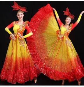 Flamenco ballroom dance dresses for women female girls red with yellow paillette  opening chorus Spanish bull dance dress big skirted 
