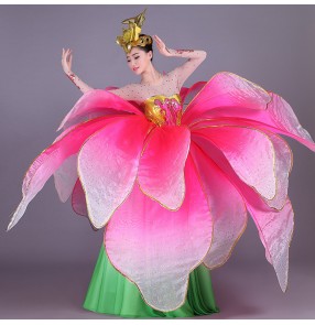 Flamenco ballroom dancing dresses petals pink gradient colored opening modern dance chorus group performance big skirted dresses