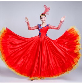 Flamenco ballroom dancing dresses red green white pink for women female Spanish bull dancing opening chorus stage performance dresses