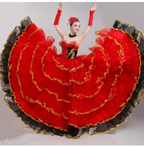Flamenco dresses red pink Spanish bull dancing big skirted chorus stage performance carnival dancers cosplay dresses