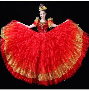 Flamenco dresses Spanish bull dancing ballroom modern dancing dresses red openig dancing chorus singers dress skirt