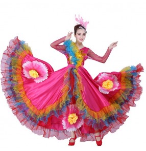 Flamenco rainbow colored dresses pink colored Spanish bull dance big skirted dresses stage performance competition ballroom dance dress