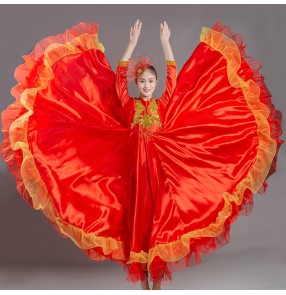 Flamenco Spanish bull dance dresses red colored women's female competition ballroom dancing chorus folk dance long dresses
