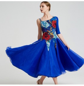 Flamenco Women's ballroom dance dresses royal blue green rose floral stage performance professional competition waltz tango dance dresses