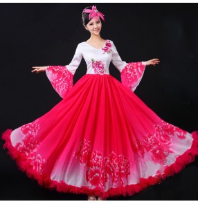 Flamenco Women's Chinese folk dance dresses pink blue petals opening chorus stage performance ballroom dresses