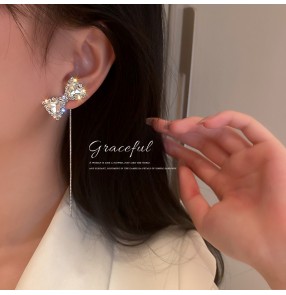 Flashing Diamond Bowknot long tassel Earrings for women girls stage performance photos shooting s925 silver needle earrings