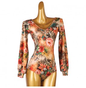 Floral printed Ballroom Dancing body Top for women female V-neck Ballroom waltz tango flamenco Dance jumpsuits Lantern Sleeve Latin Dance Top