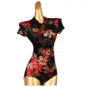 Floral velvet Cheongsam collar modern latin ballroom dance one-piece bodysuits tops for women girls back zipper Latin dance standard dance jumpsuits for woman