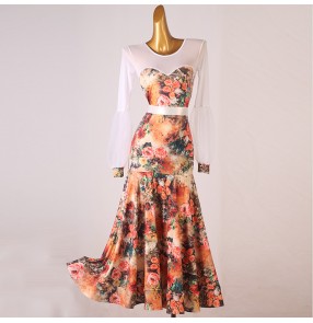 Floral with white flamenco ballroom dancing dresses for women girls waltz tango foxtrot smooth dance long gown for female