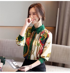 Flower and bird fashion printed shirt women work chiffon blouses retro temperament satin top printed shirt for female