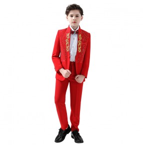 Flower boy dress suit child singers host stage performance white red blazers model catwalk piano costume baby suit handsome England style blazers and pants