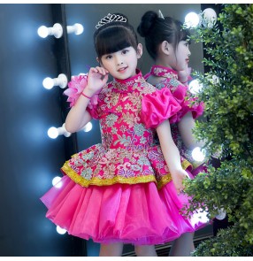 Flower girls evening party stage performance host singers dresses pink colored flower girls piano princess performance evening dresses 