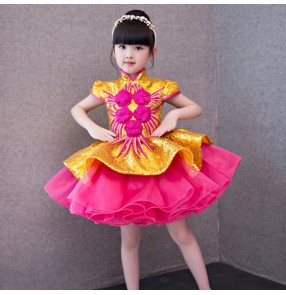 flower girls modern dance princess dresses pink with gold colored evening party host singers solo chorus stage performance cosplay dresses