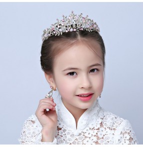 Flower girls princess beaded head crown headdress kids children performance crystal hair jewelry crown and earrings