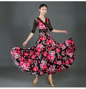 Flowers printed ballroom dance dresses for women girls stage performance exercises practice dance costumes waltz tango dance dress for female