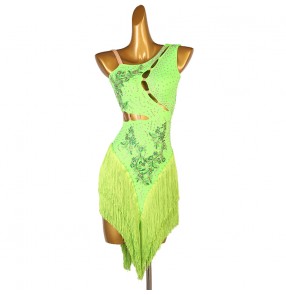fluorescent green tassels competition latin dance dresses for women girls kids one inclined shoulder rumba salsa chacha dancing costumes for woman