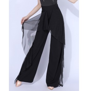 Fringe latin dance pants for women black red side hip with scarf skirts stage performance wide leg ballroom latin dance long trousers 