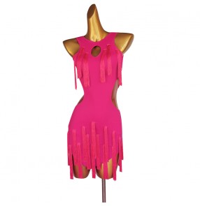 Fuchsia hot pink tassels competition latin dance dresses for women girls fringed modern dance rumba salsa chacha dance dress 