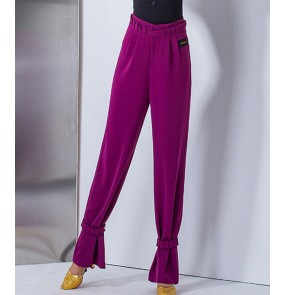 Fuchsia purple black modern ballroom dance pants for women Pleated high waist social ballroom dance ankle-tied trousers practice clothes